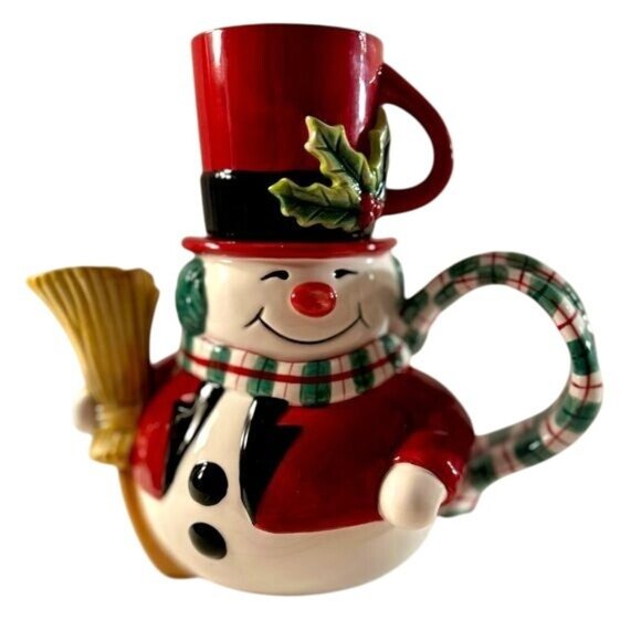 Fitz and Floyd Snack Therapy Snowman Teapot Cup Cocoa For One Christmas 28 oz - Picture 1 of 10